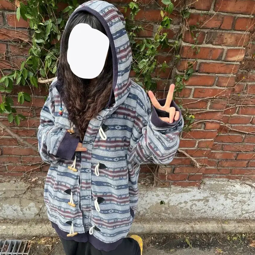 [BUNJANG] Vintage Blue Hippie Pattern Duffle Hooded Zip-Up Jacket / 빈티지 블루 히피 패턴 더플 후드 집업