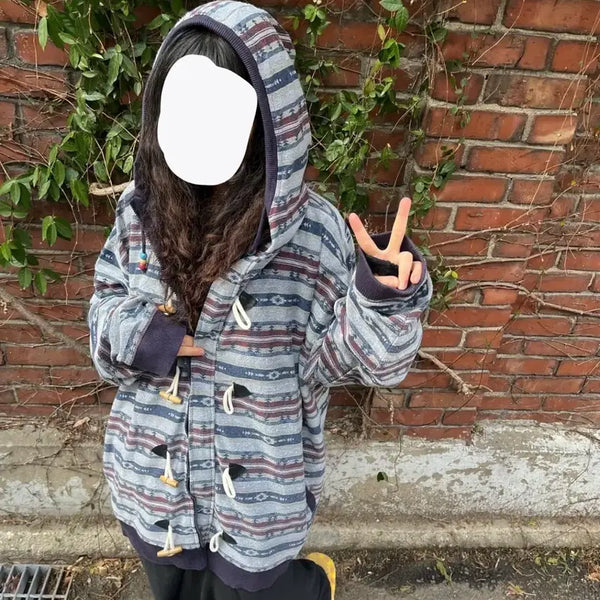 [BUNJANG] Vintage Blue Hippie Pattern Duffle Hooded Zip-Up Jacket / 빈티지 블루 히피 패턴 더플 후드 집업