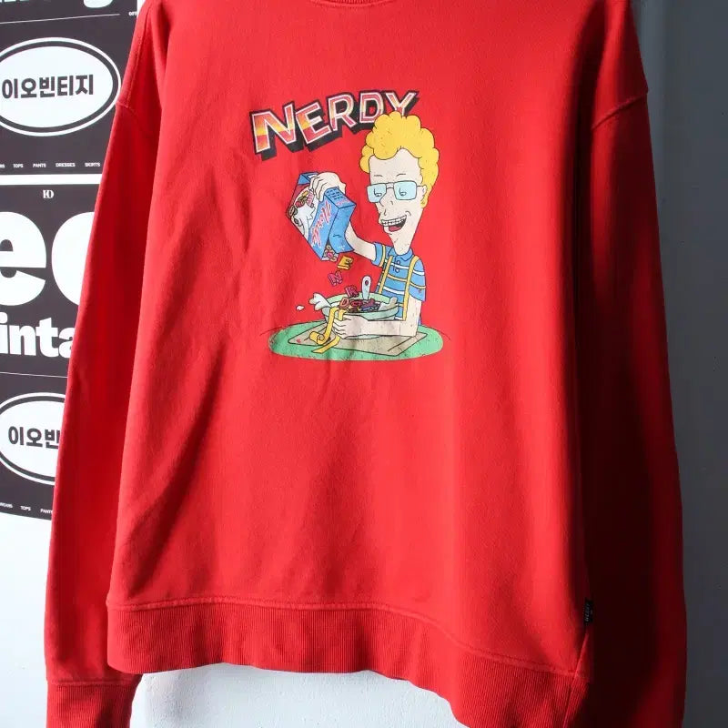 [BUNJANG] NERDY Sweatshirt Vintage Printing Red Old School / (S-M) 널디 맨투맨 티셔츠 빈티지프린팅 레드 올드스쿨-H38241