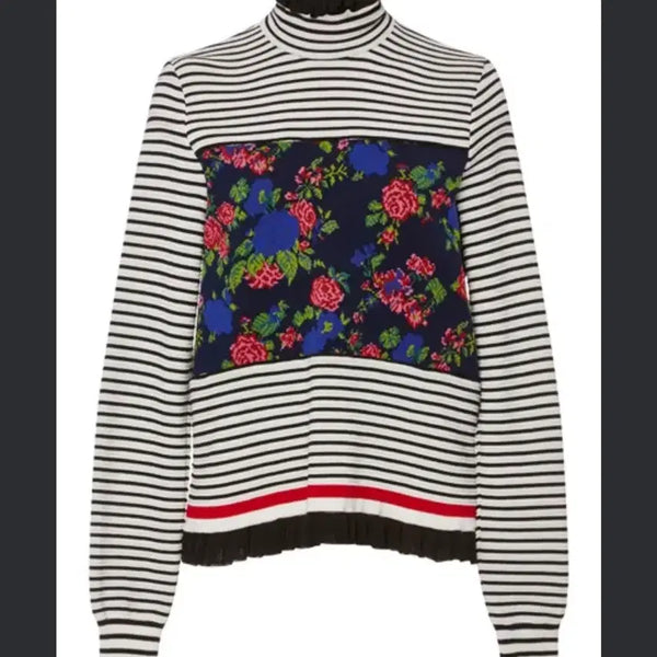 [BUNJANG] MSGM Flower Pattern Color-Block Striped Turtleneck Sweater / MSGM 플라워 패턴 배색 줄무늬 목폴라 스웨터