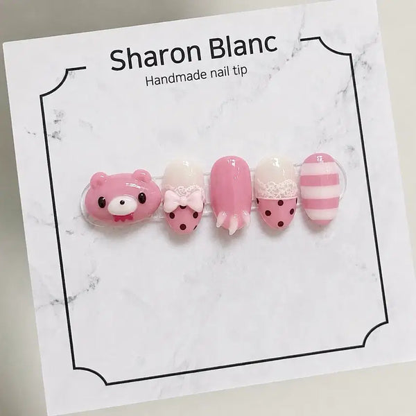 [BUNJANG] Gloomy Bear Pink Horizontal Nail Tips (15 Shapes) / 핑크 가로 글루미베어 네일팁 / 15종 쉐입