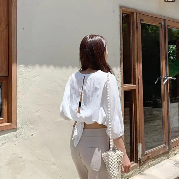 [BUNJANG] Back Slit Ribbon Tie Crop Blouse / 크롭 뒷트임 리본 매듭 블라우스