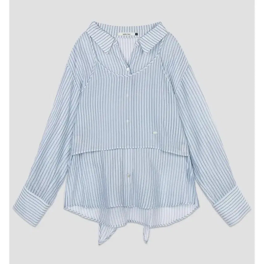 [BUNJANG] Atelier Nine Stripe Ribbon Bustier Blouse - Blue / 아틀리에 나인 스트라이프 리본 뷔스티에 블라우스 블루