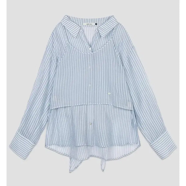 [BUNJANG] Atelier Nine Stripe Ribbon Bustier Blouse - Blue / 아틀리에 나인 스트라이프 리본 뷔스티에 블라우스 블루