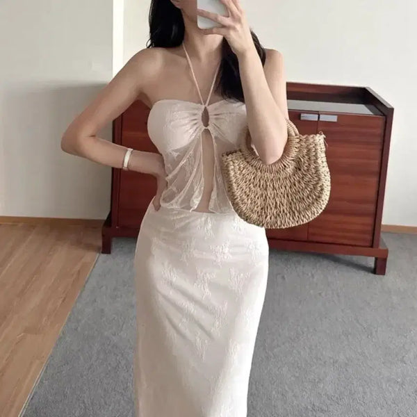 [BUNJANG] Beige Halter Lace 3-Piece Bikini Set / 베이지 홀터 레이스 3pcs (새상품)