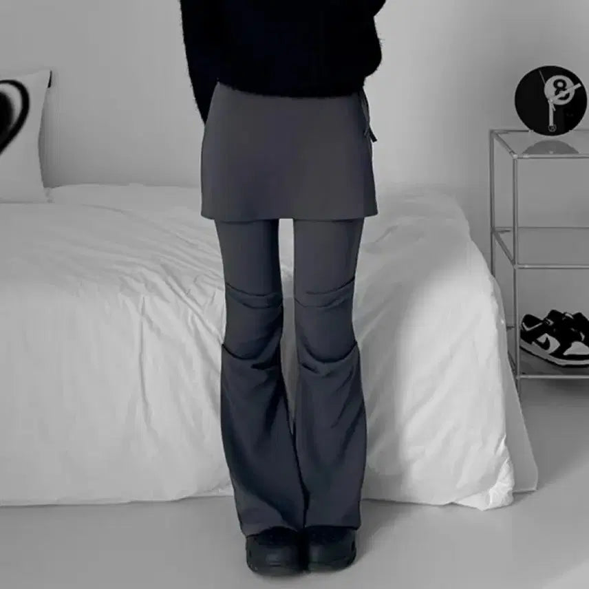 [BUNJANG] Layered String Pintuck Skirt Leggings Pants Black / 뒷밴딩/일체형 레이어드 스트링 핀턱 치마 레깅스 팬츠 블랙