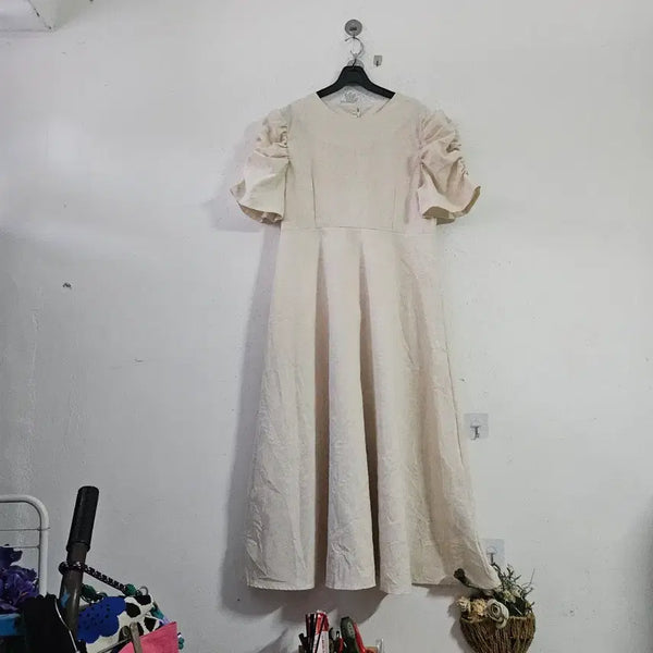 [BUNJANG] Linen Puff Sleeve Dress Beige / 린넨퍼프소매 원피스 베이지