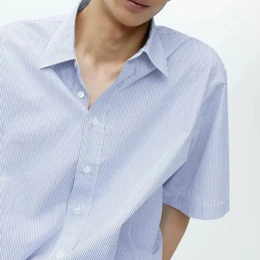 [BUNJANG] Arket Stripe Poplin Short Sleeve Shirt Blue / Arket 아르켓 / 스트라이프 포플린 반팔 셔츠 /  블루 46