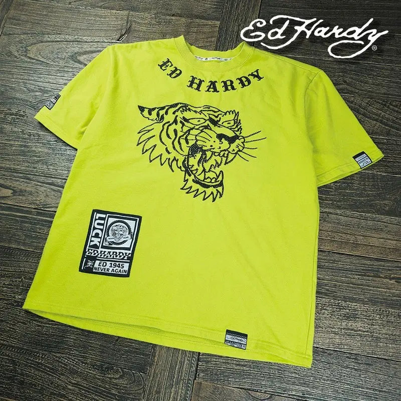 [BUNJANG] Ed Hardy 00s Vintage Graphic Embroidery Sequin Oversized T-Shirt Neon XL / 에드하디 00s 빈티지 그래픽 자수 스팽글 오버사이즈 반팔티 네온 M22426