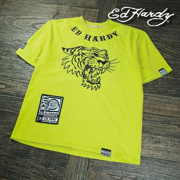 [BUNJANG] Ed Hardy 00s Vintage Graphic Embroidery Sequin Oversized T-Shirt Neon XL / 에드하디 00s 빈티지 그래픽 자수 스팽글 오버사이즈 반팔티 네온 M22426