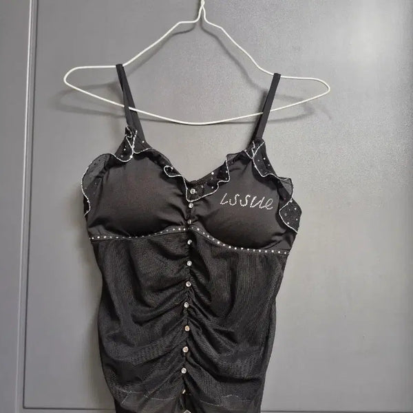 [BUNJANG] Cherish Shirring Cubic Black Tank Top / 라인댄스 .셔플 댄스옷 체리쉬 셔링 큐빅 블랙 나시44ㅡ66.