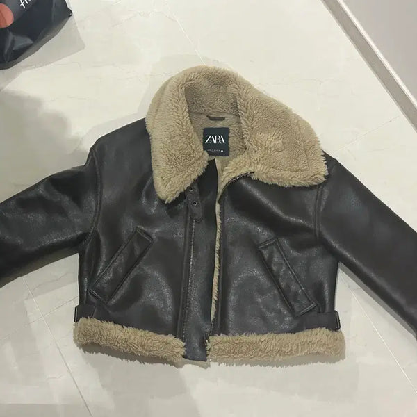 [BUNJANG] Zara Oversized Shearling Lined Leather Jacket Brown / 자라 무스탕 자켓 브라운