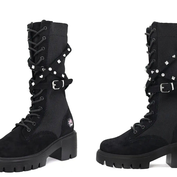 [BUNJANG] SMA 'NANA'S BAG ODD' Real Leather Knit Walker Boots with Studs and Buckle Attachments / SMA '나나이즈백 ODD' 리얼 레더 니트 워커 부츠 (스터드+버클 탈부착장식세트)