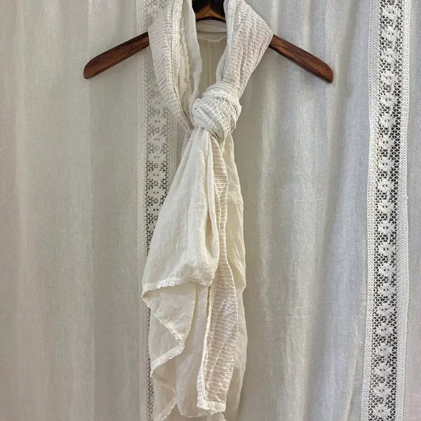 [BUNJANG] Linen Blend Lace Trim Scarf - Ivory / 면 린넨 소재 레이스 배색 스카프 아이보리 F JPN