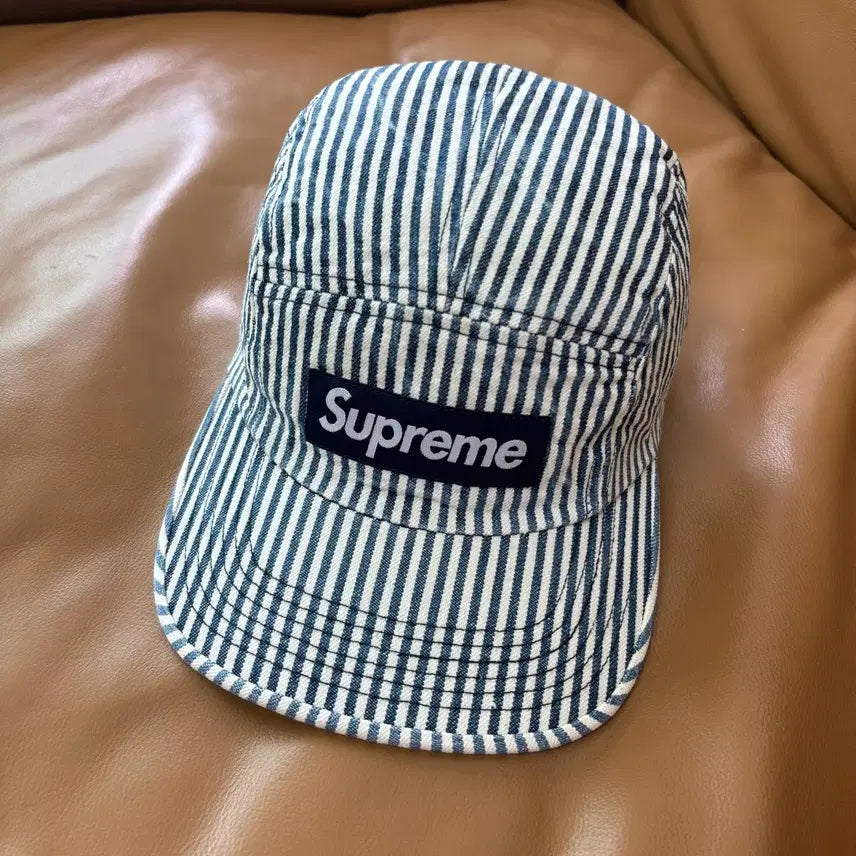 [BUNJANG] Supreme Hickory Stripe Denim Camp Cap / 슈프림 캠프캡 모자 박스로고 히코리 스트라이프 데님