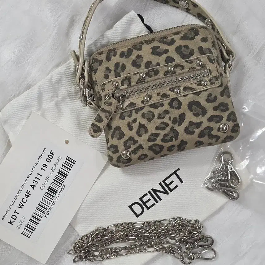 [BUNJANG] DEINET Stud Cross Chain Wallet Leopard Mini Bag / DEINET 다이닛 스터드 지갑 소가죽 미니백 레오파드 호피 카드지갑 크로스백