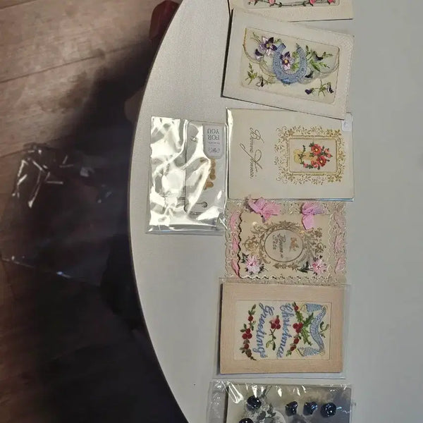 [BUNJANG] Antique French Embroidery Card & Button Set / 앤틱 빈티지 프랑스 자수카드 셀룰카드, 단추카트