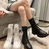 [BUNJANG] Women's Lace-Up Platform Mid Calf Boots / 여성 레이스업 통굽 미들 워커부츠