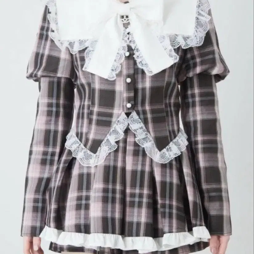[BUNJANG] Ankruz Check Ribbon Skirt Set / 앙크루즈 체크리본 세일러 스카판 셋업