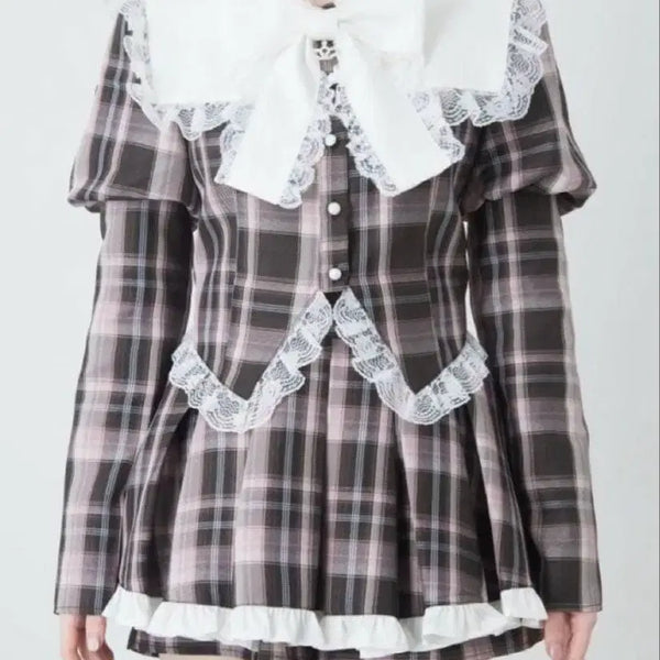 [BUNJANG] Ankruz Check Ribbon Skirt Set / 앙크루즈 체크리본 세일러 스카판 셋업