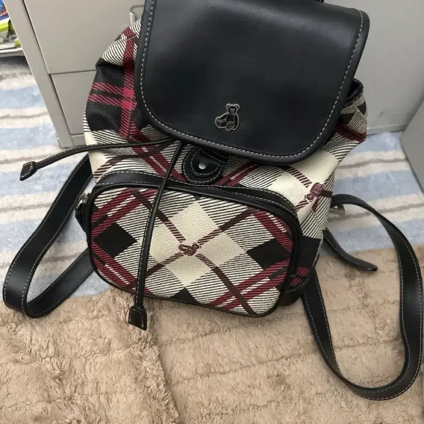 [BUNJANG] Leather Trimmed Check Pattern Backpack / 가방