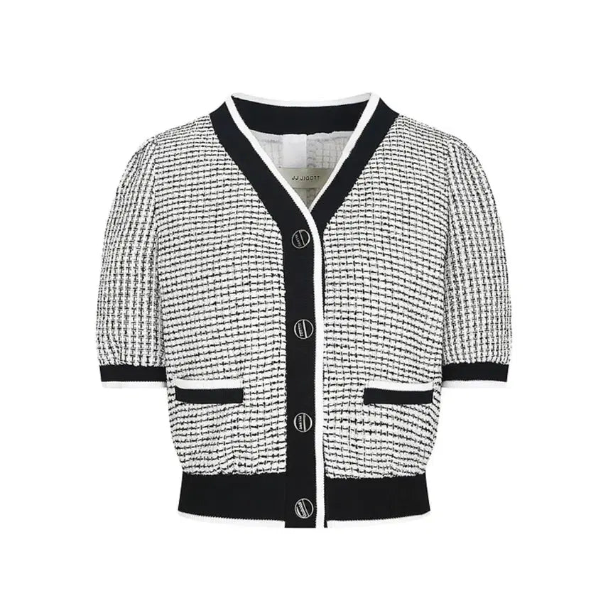 [BUNJANG] JIGOTT Knit Color Block Check Texture Crop Jacket / JJ지고트 니트 배색 체크 텍스처 크롭자켓 55-66 새상품
