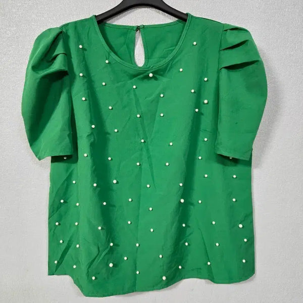 [BUNJANG] Pearl Puff Sleeve Blouse (Size 77) / 그린 퍼프소매 진주 블라우스 77