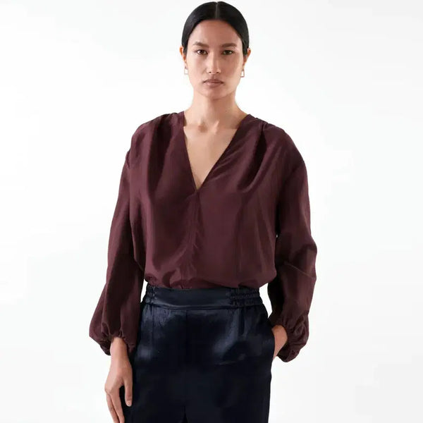 [BUNJANG] COS Drape Sleeve Silk Blouse Burgundy / COS 드레이프 소매 실크블라우스 55-66 새상품