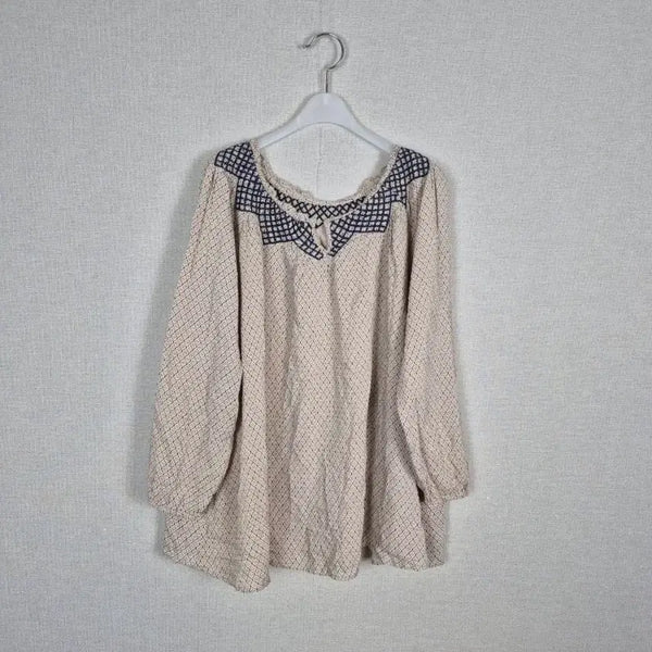 [BUNJANG] Plus Size Rayon 100% Navy Patterned Neck Long Sleeve Blouse / (#88,99추천)빅사이즈 레이온100% 네이비패턴넥 긴팔 블라우스