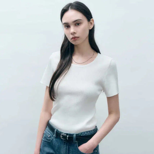 [BUNJANG] MONGDOL Ribbed Round Neck Short Sleeve Knit Top / 몽돌(MONGDOL) 골지 라운드넥 반팔니트 55-66