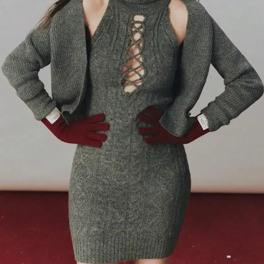 [BUNJANG] Knit Dress Grey Cable Lace Set / 니트 원피스 그레이 꽈배기 레이스세트