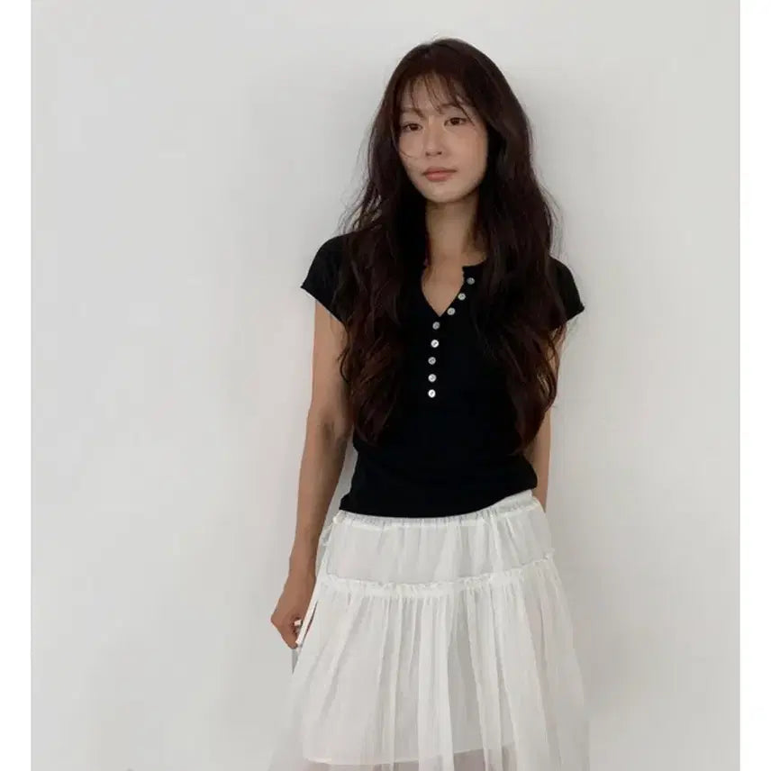 [BUNJANG] Underbee Nezz Button V-Neck Short Sleeve Knit / 언더비 네즈 버튼 브이넥 반팔 니트