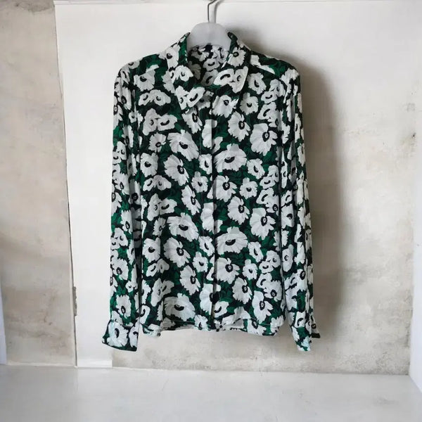 [BUNJANG] White Green Floral Pattern Silk Shirt 100% Silk / 화이트 그린 플로럴 패턴 실크 셔츠 | 실크 100%