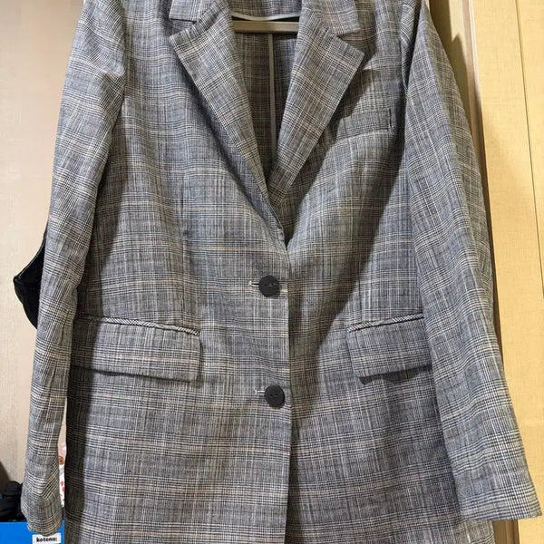 [BUNJANG] VOV Linen Blend Check Pattern Jacket Beige Navy Brown Size 55 / 보브 린넨혼방자켓 55