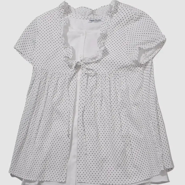 [BUNJANG] Place Studio Layered Strap Dot Frill Short Sleeve Blouse Shirt / 새상품)플레이스 스튜디오 레이어드 스트랩 도트 프릴 반팔 블라우스 셔츠