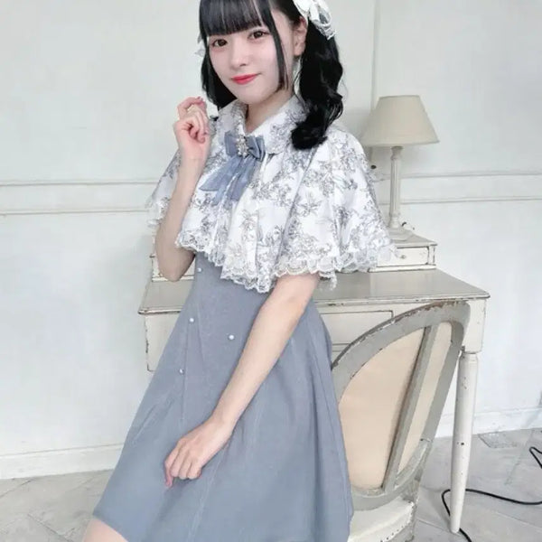 [BUNJANG] 2-Way Blue Double Button Cape Dress / 양산형 로지타 케이프 원피스 2way 블루 미즈이로 더블 버튼