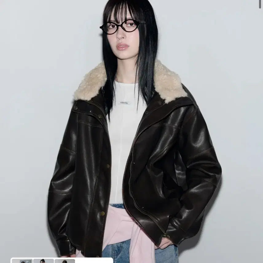 [BUNJANG] Rollerall Faux Fur Collar Leather Jumper Brown / 로라로라 퍼 카라 레더 점퍼 브라운