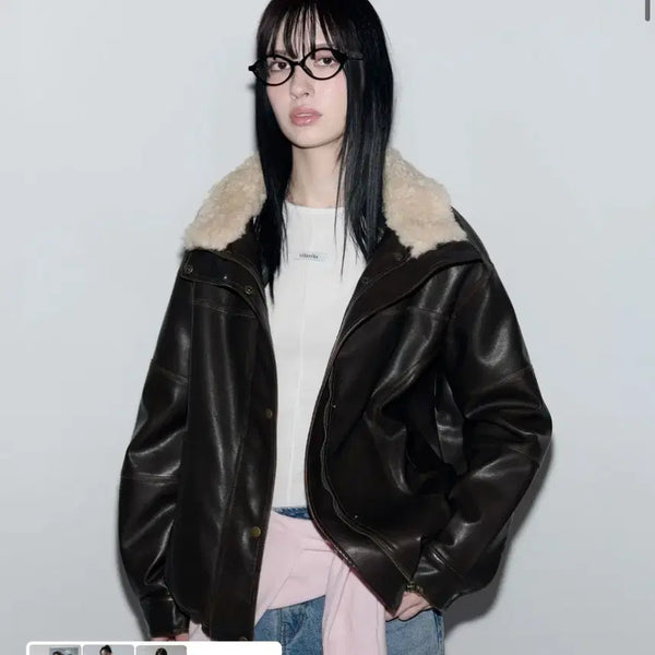 [BUNJANG] Rollerall Faux Fur Collar Leather Jumper Brown / 로라로라 퍼 카라 레더 점퍼 브라운