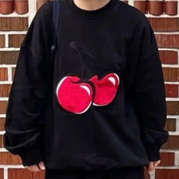 [BUNJANG] Kirsh Cherry Embroidery Sweatshirt Black / 키르시 맨투맨 체리 자수 블랙