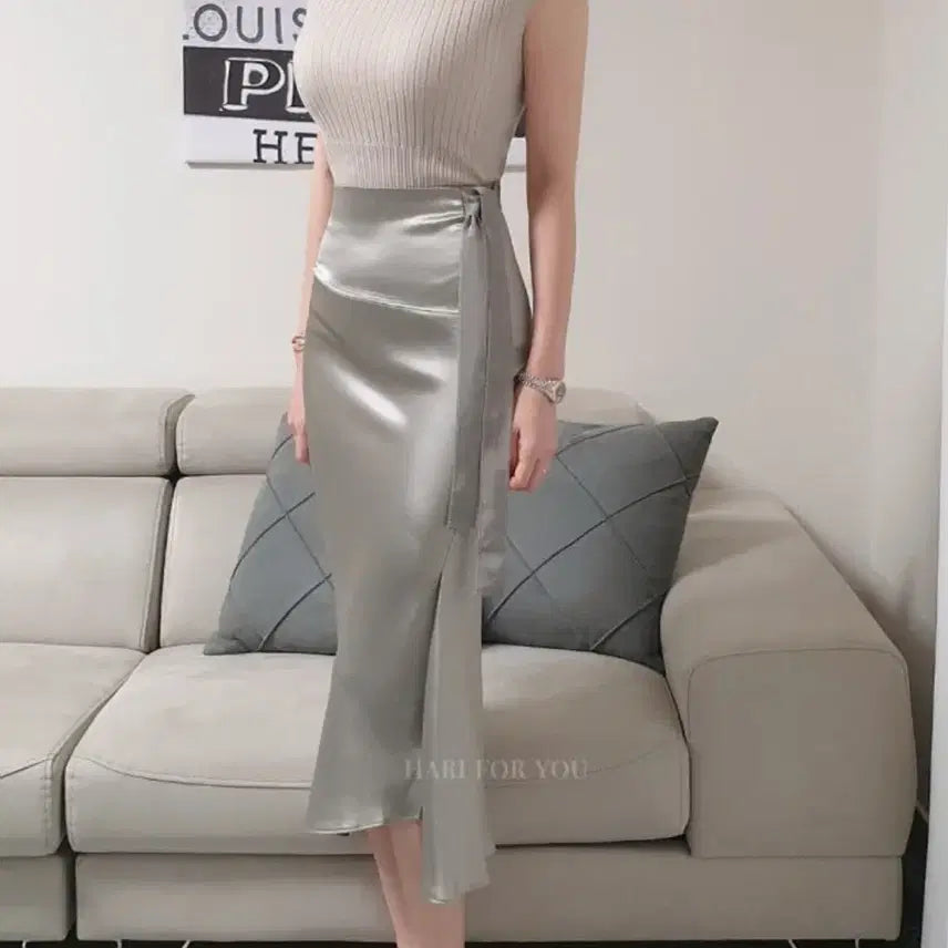 [BUNJANG] Navy Satin Belt Slim Fit Imported Skirt / 네이비 새틴벨트 슬림핏 수입의류스커트