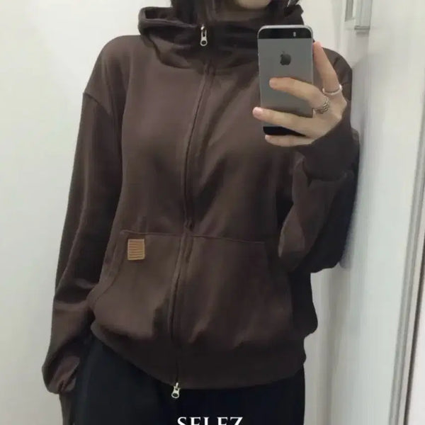 [BUNJANG] Woowak Basic Highneck Leather Patch Two-way Loose Fit Oversized Hoodie Zip-up / [워크패치/하이넥] 워크 베이직 하이넥 가죽 패치 투웨이 루즈핏 오버핏 후드집업