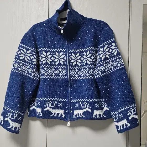 [BUNJANG] Nordic Pattern Zip-Up Cardigan - Blue / 노르딕 패턴 집업 가디건 블루
