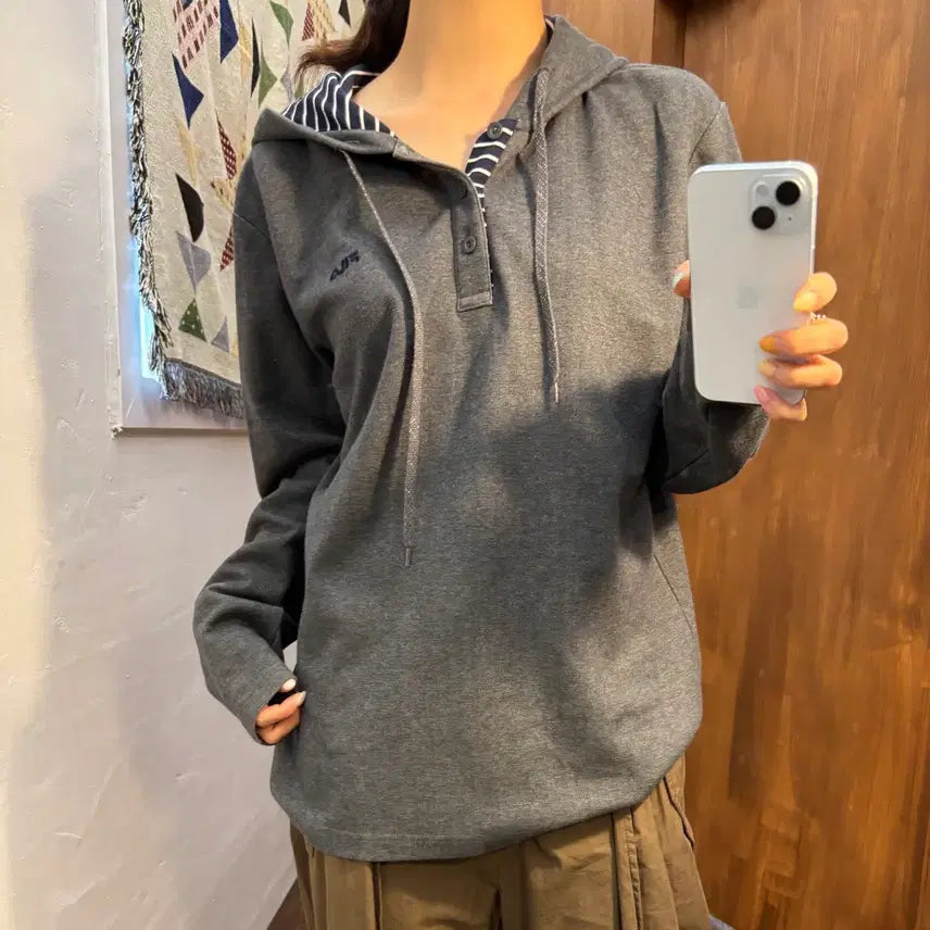 [BUNJANG] Fila Stripe Colorblock Button Hoodie / 휠라 스트라이프 배색 버튼 후드티 (h347)
