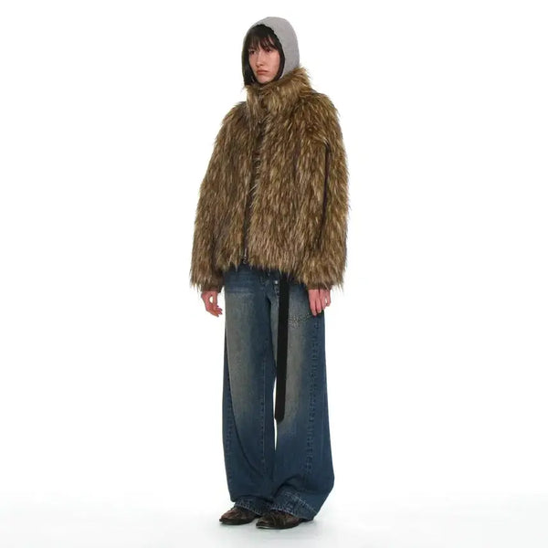[BUNJANG] Partimento High-Neck Fur Zip-Up Jacket Mix Brown / 파르티멘토 퍼 자켓
