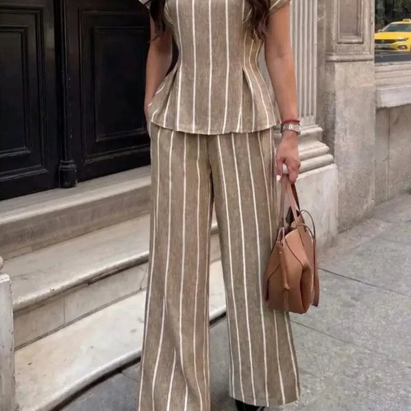 [BUNJANG] Vertical Stripe Linen Set - Beige / 세로 줄무늬 린넨 세트 베이지