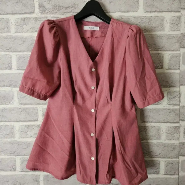 [BUNJANG] 4CUS Shirring Puff Short Sleeve Blouse - Pink / 4CUS 셔링 퍼프 반팔 블라우스 핑크/알뜰한여우