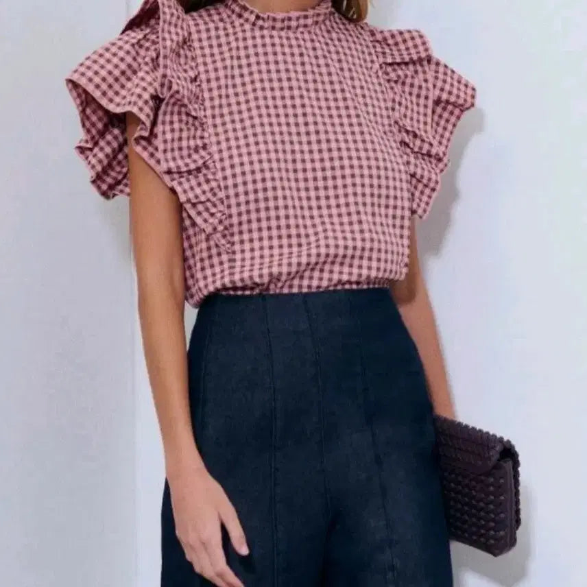 [BUNJANG] Check Frill Blouse Pink / 체크 프릴 블라우스 핑크