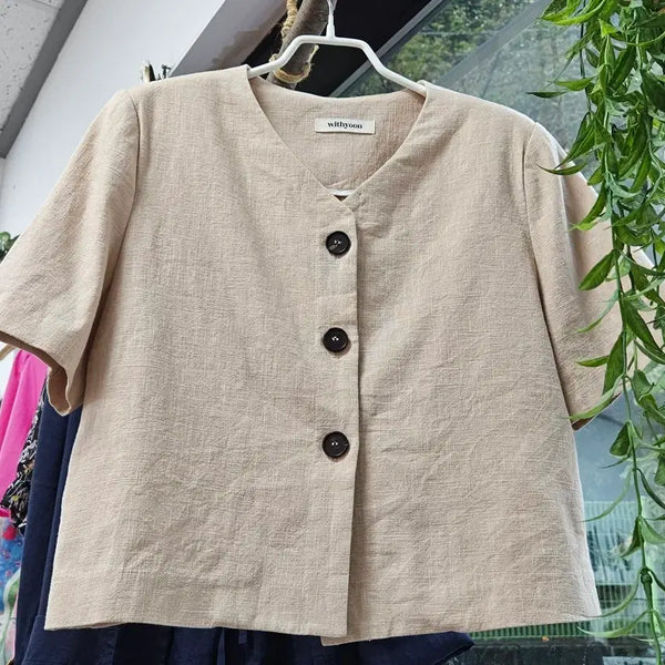 [BUNJANG] Linen Short-Sleeve Jacket Beige / 린넨/마 연베이지 반팔 자켓(66~)