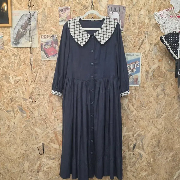 [BUNJANG] Checked Collar Linen Blend Long Dress / 체크 카라 린넨 원피스