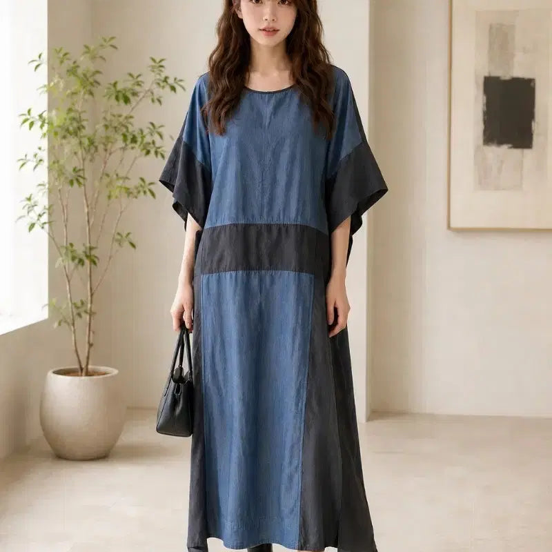 [BUNJANG] Denim Patchwork Long Dress / 데님 배색 원피스